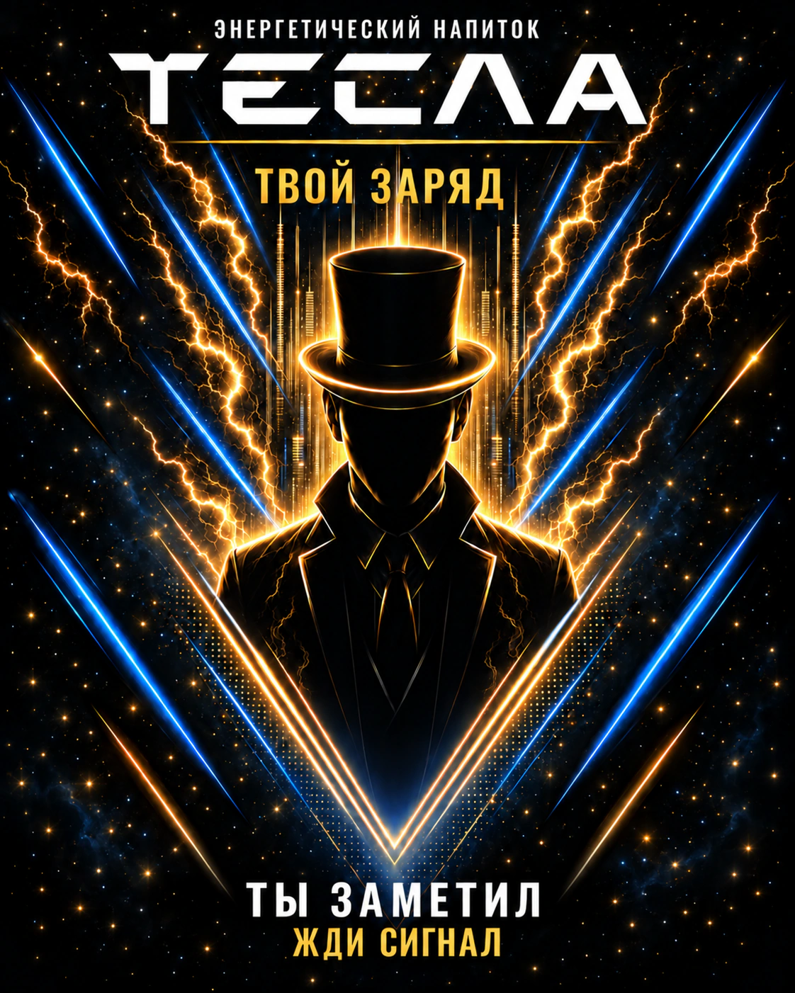ТЕСЛА — ТВОЙ ЗАРЯД. Загадочный силуэт в цилиндре, золотые и синие молнии. ТЫ ЗАМЕТИЛ — ЖДИ СИГНАЛ